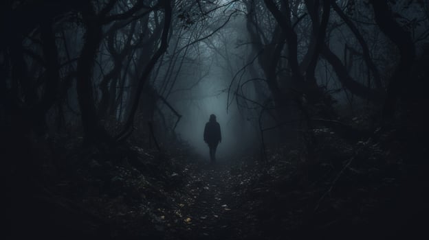 spooky one person walking in dark forest photo