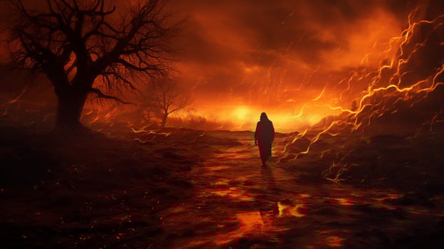 spooky silhouette walking towards fiery inferno at sunset photo