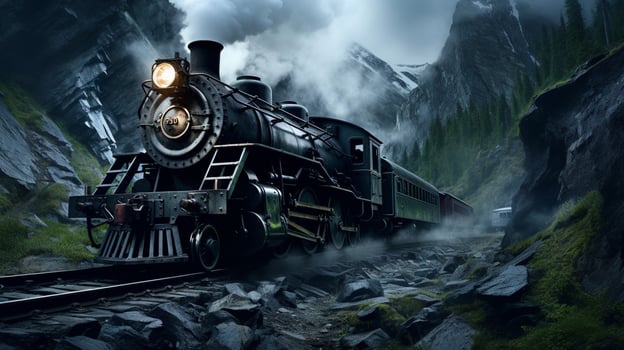 steam locomotive speeds through abandoned mountain pass photo