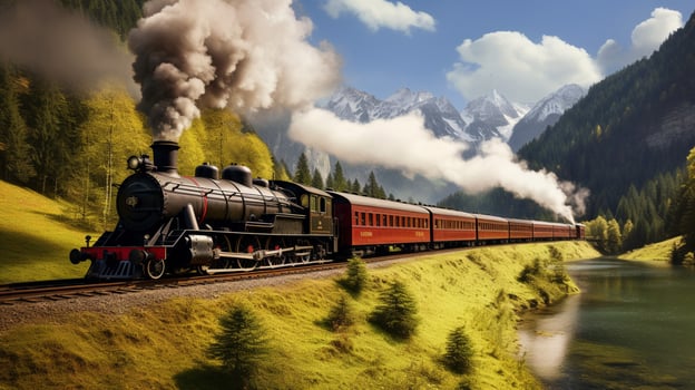 steam train chugs through rural mountainside scenery photo