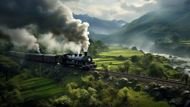 steam train chugs through rural mountainside scenery photo