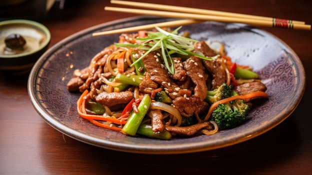 stir fried pork and vegetables on a plate with chopsticks photo
