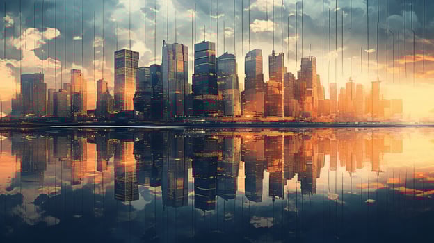tall skyscraper reflects futuristic city skyline at dusk photo