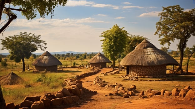 thatched roofs dot idyllic african rural landscapes photo