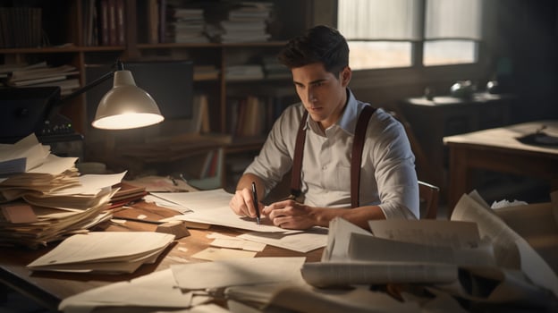 young adult sitting at desk studying paper photo