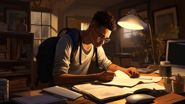 young adult sitting at desk studying paper photo