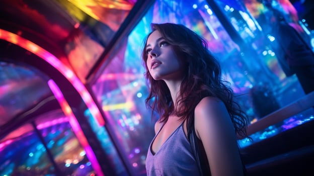young adult woman illuminated by colorful nightlife photo