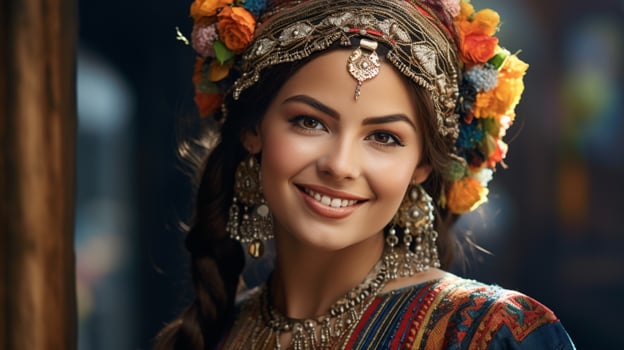 young woman in traditional clothing smiling beautifully photo