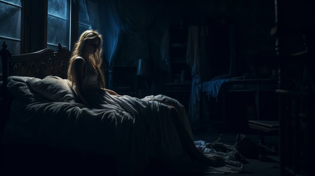 young woman resting in dark lonely bedroom photo