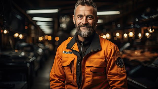 Smiling male auto repair shop worker auto mechanic professional at service station photo