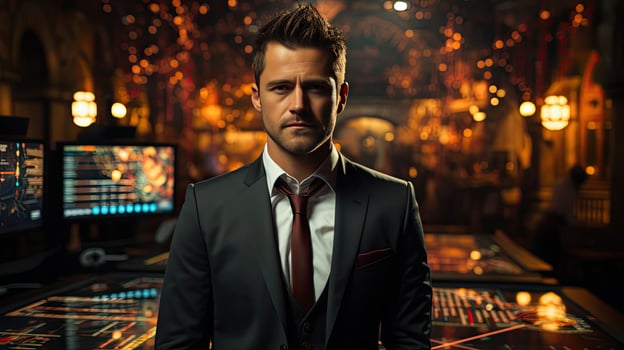 Handsome male news anchor in a classic suit in the studio photo