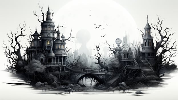 Creepy scary big house mansion castle on a white background, illustration for the holiday Halloween photo