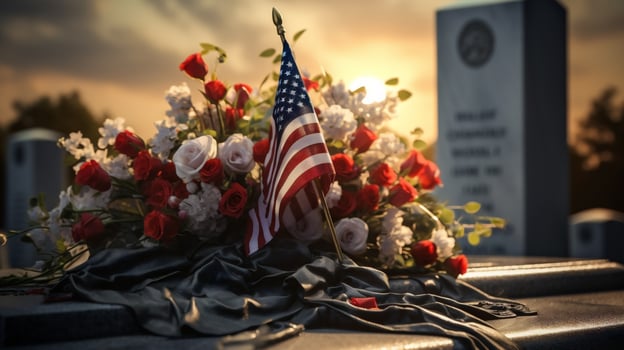 AI generative. American flag and roses on a grave at sunset. Memorial Day concept. photo