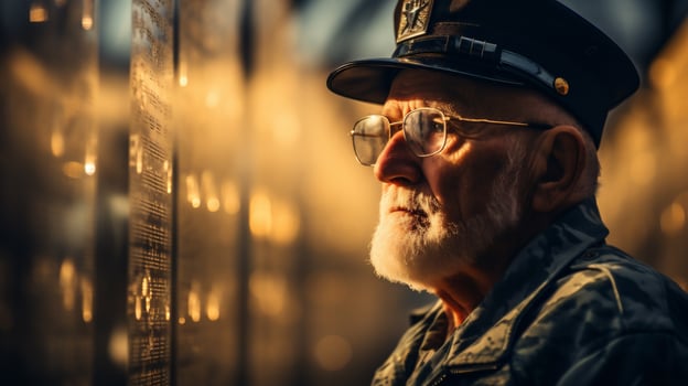 AI generative. Portrait of an old man in a military cap and glasses. photo