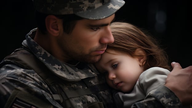 AI generative. Portrait of young soldier with his little daughter photo
