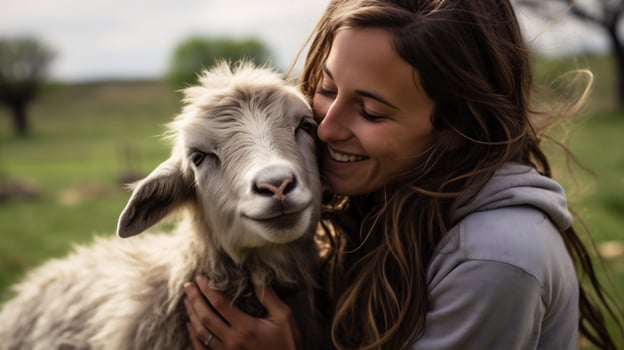 AI generative. Portrait of a happy young woman with a lamb in the countryside photo
