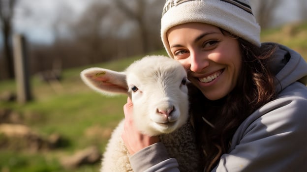 AI generative. Portrait of a happy young woman with a lamb in the countryside photo