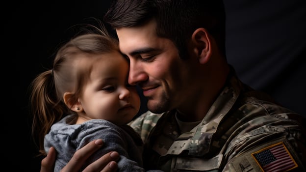 AI generative. Portrait of young soldier with his little daughter photo