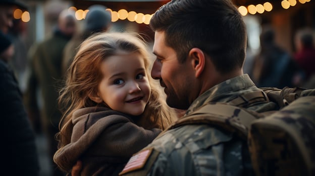 AI generative. Portrait of young soldier with his little daughter photo