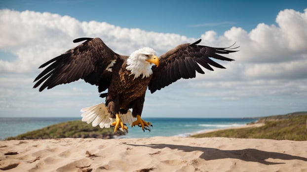 A beautiful summer day with blue sky and a lone Steller's sea eagle over the beach AI Generative photo
