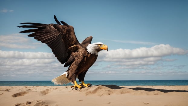 A beautiful summer day with blue sky and a lone Steller's sea eagle over the beach AI Generative photo