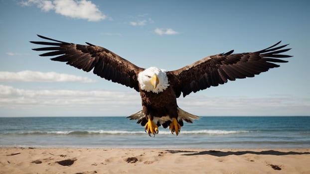 A beautiful summer day with blue sky and a lone Steller's sea eagle over the beach AI Generative photo