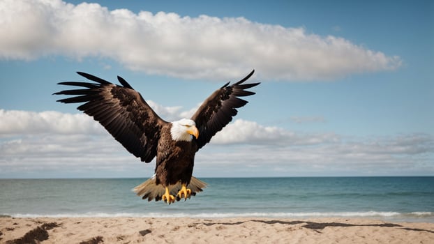A beautiful summer day with blue sky and a lone Steller's sea eagle over the beach AI Generative photo