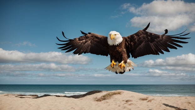 A beautiful summer day with blue sky and a lone Steller's sea eagle over the beach AI Generative photo