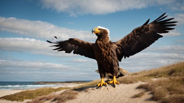 A beautiful summer day with blue sky and a lone Steller's sea eagle over the beach AI Generative photo