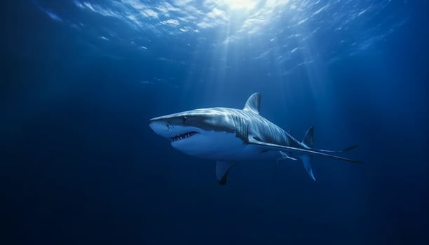 Majestic underwater creature swimming in blue sea, teeth sharp danger generated by AI photo