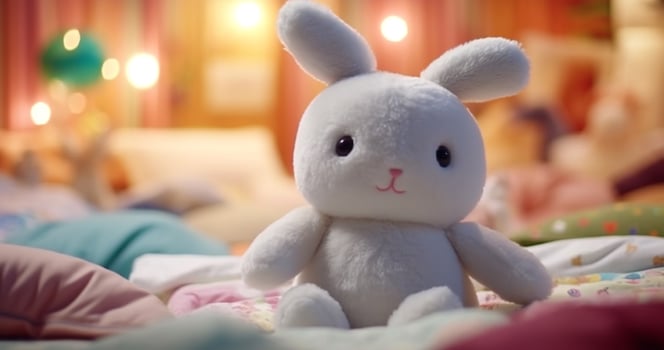 Cute animal toy decoration fluffy rabbit bed in bedroom generated by AI photo