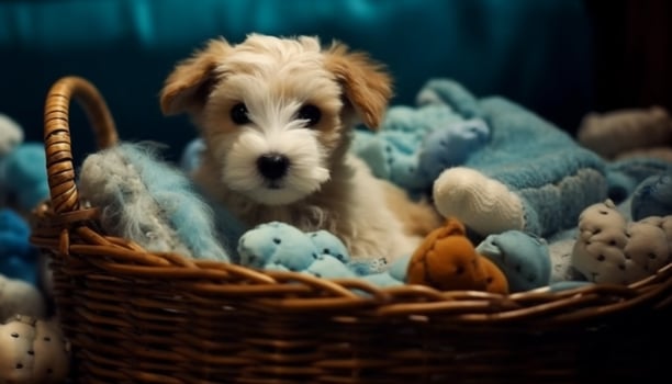 Cute puppy sitting in a wicker basket, playing with a toy generated by AI photo
