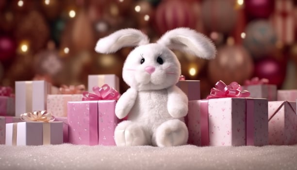 Winter celebration, cute animal toy, Christianity tradition, fun event, illuminated family love generated by AI photo