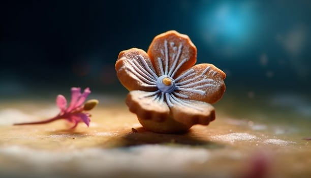 Close up of a fresh flower on a wooden table, nature decoration generated by AI photo