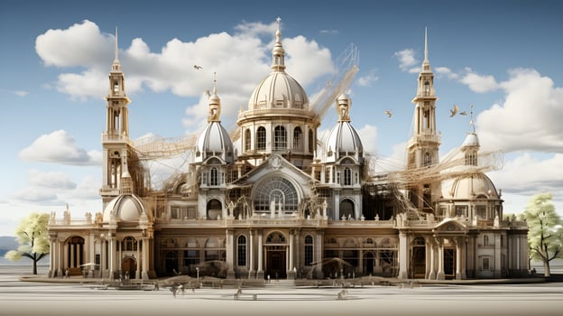 Architectural Time Travel. Historical Building Restoration. AI Generated photo