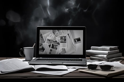 Digital composite of Laptop with books and coffee cup on wooden table, laptop and newspapers on black and white background, business still life, AI Generated photo