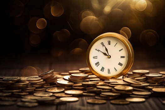 Time is money concept. Clock and coins on wooden table.AI Generated photo