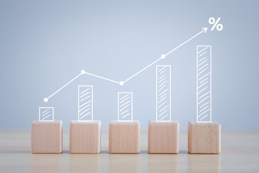 Interest rate finance and mortgage rates concept. Financial growth, interest rate increase, inflation, sale price and tax rise. Growth of bar chart on wood blocks and arrow rise with percentage sign. photo