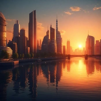 Building City And Sunset With River, AI Generated photo