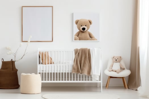 modern Interior of cozy baby room with crib and bedding. AI Generative photo