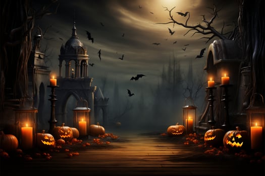Candlelit haunted house with cobwebs, pumpkins, and space for text AI Generated photo