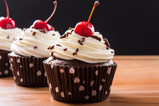 Indulgent chocolate cupcake, a sweet delight with a red cherry AI Generated photo