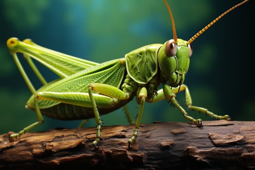 Lively green grasshopper on textured leaf, with text friendly space AI Generated photo
