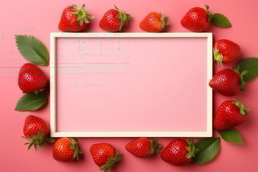 Strawberry frames minimalism on a soft pink matte, red allure AI Generated photo