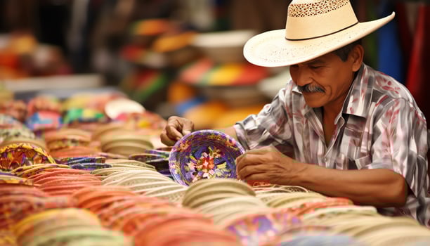 a man in a hat is selling colorful items Ai Generated photo