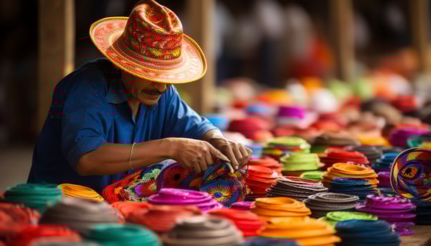 a man in a hat is working on a table with colorful hats Ai Generated photo