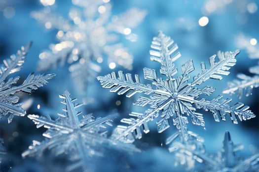 Delicate snowflakes twirl on icy blue canvases, shaping a winter enchantment AI Generated photo