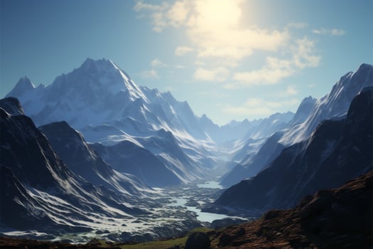 Snowy summits and glistening glaciers paint a stunning mountain tableau AI Generated photo