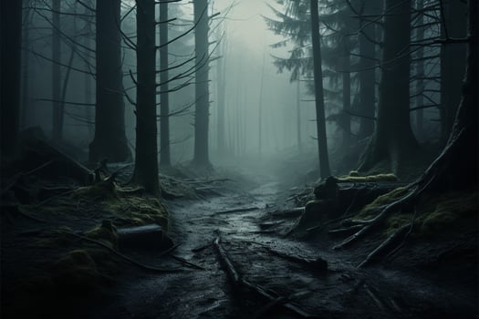 The enigmatic forest wilderness conceals secrets of mystery and chilling horror AI Generated photo