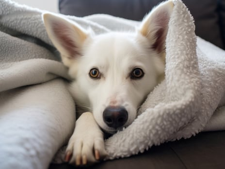 Mischievous dog peeking out from a cozy blanket fort AI Generative photo